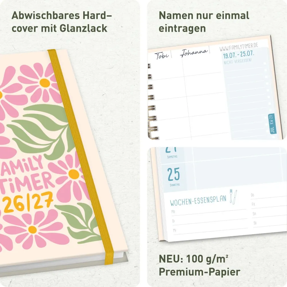 Family-Timer 2026/2027 / 17 Monate / A5 / Flower Power Pink / Häfft-Verlag
