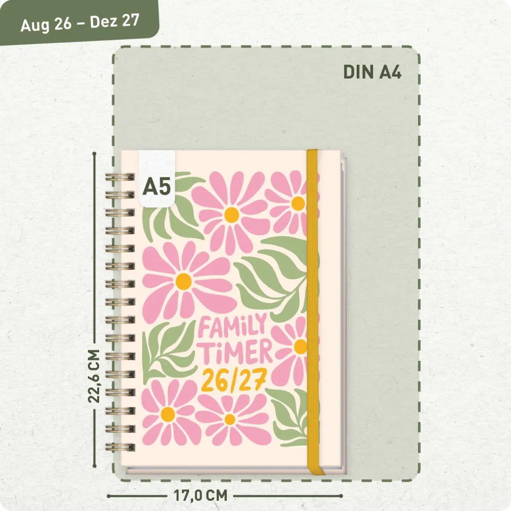 Family-Timer 2026/2027 / 17 Monate / A5 / Flower Power Pink / Häfft-Verlag