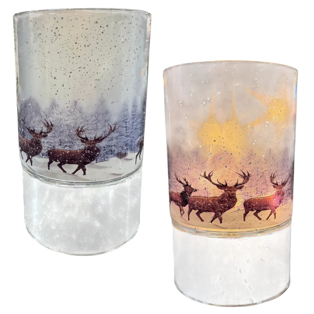 Formano LED Dekolicht Glas mit winterlichen Hirschen & Timer 15 cm