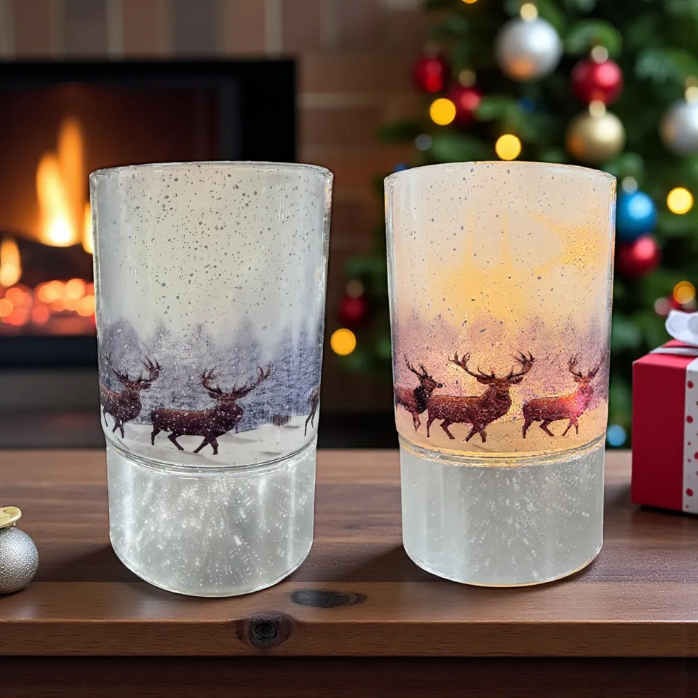 Formano LED Dekolicht Glas mit winterlichen Hirschen & Timer 15 cm