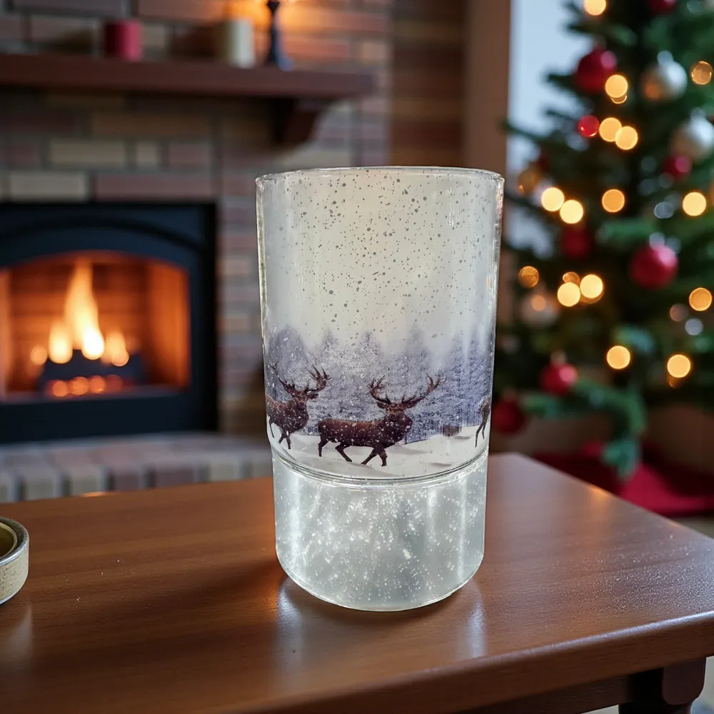 Formano LED Dekolicht Glas mit winterlichen Hirschen & Timer 15 cm