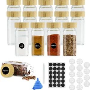 Gewürzglas Set 14-quadratischen Gläsern Bambus-Deckeln Shaker-Einsätzen