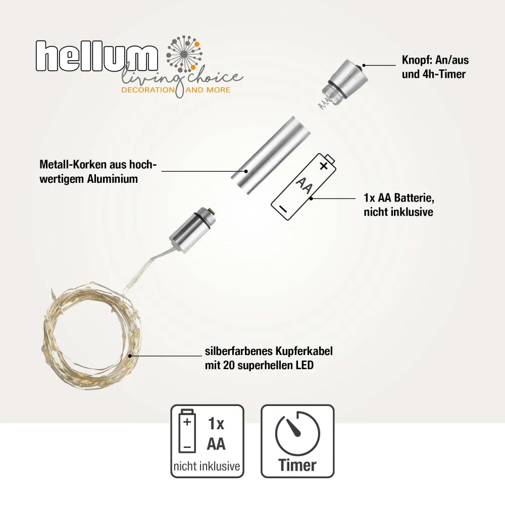 Hellum Flaschenlicht, 20 LEDs, batteriebetrieben, Timer, Metallkorken 522822