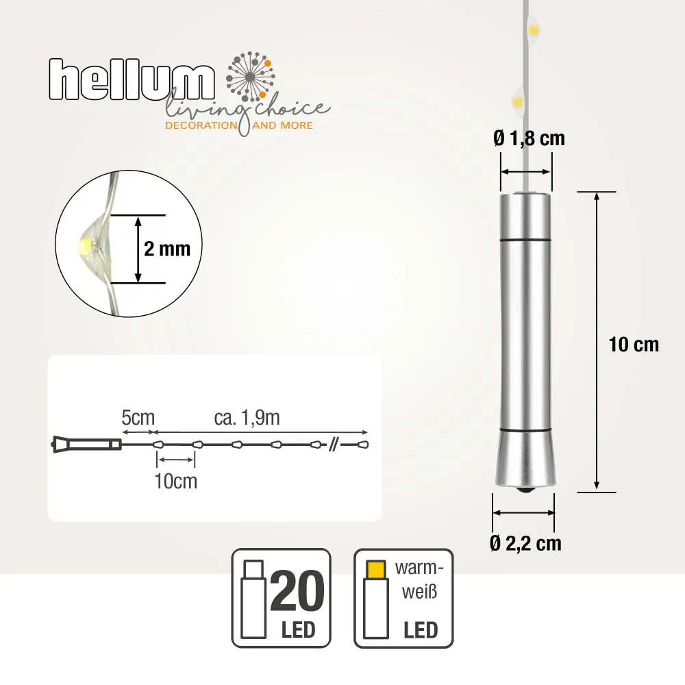 Hellum Flaschenlicht, 20 LEDs, batteriebetrieben, Timer, Metallkorken 522822