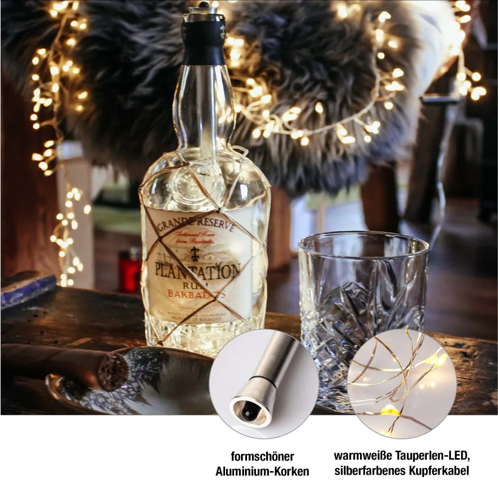 Hellum Flaschenlicht, 20 LEDs, batteriebetrieben, Timer, Metallkorken 522822