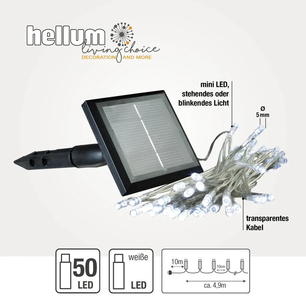 Hellum Solarlichterkette, 50 LEDs, kaltweiß, Blinkeffekt, Timer, für außen 151206