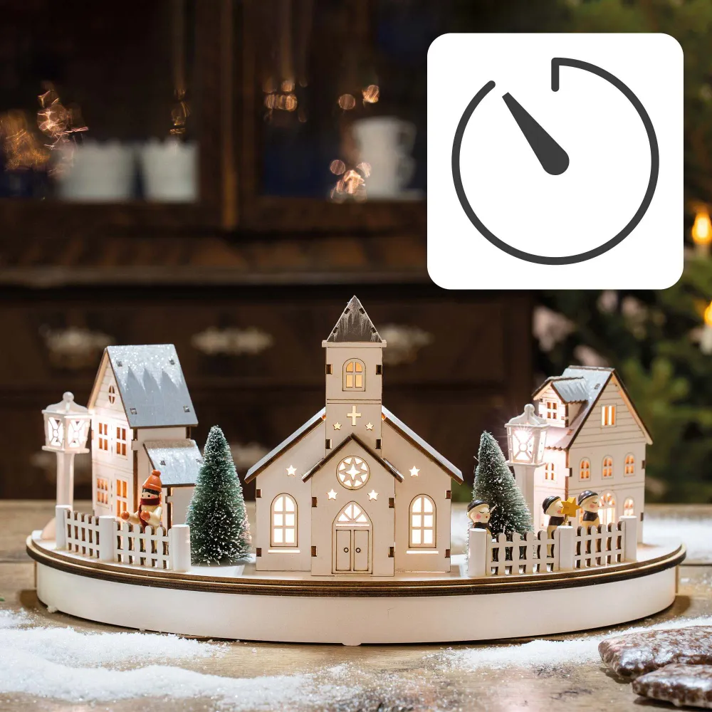 LED- Holz Stadt-Szenerie im Halbkreis, mit Kirche, 8 LEDs ww,39x8x18,5cm, 6h Timer, batteriebetrieben