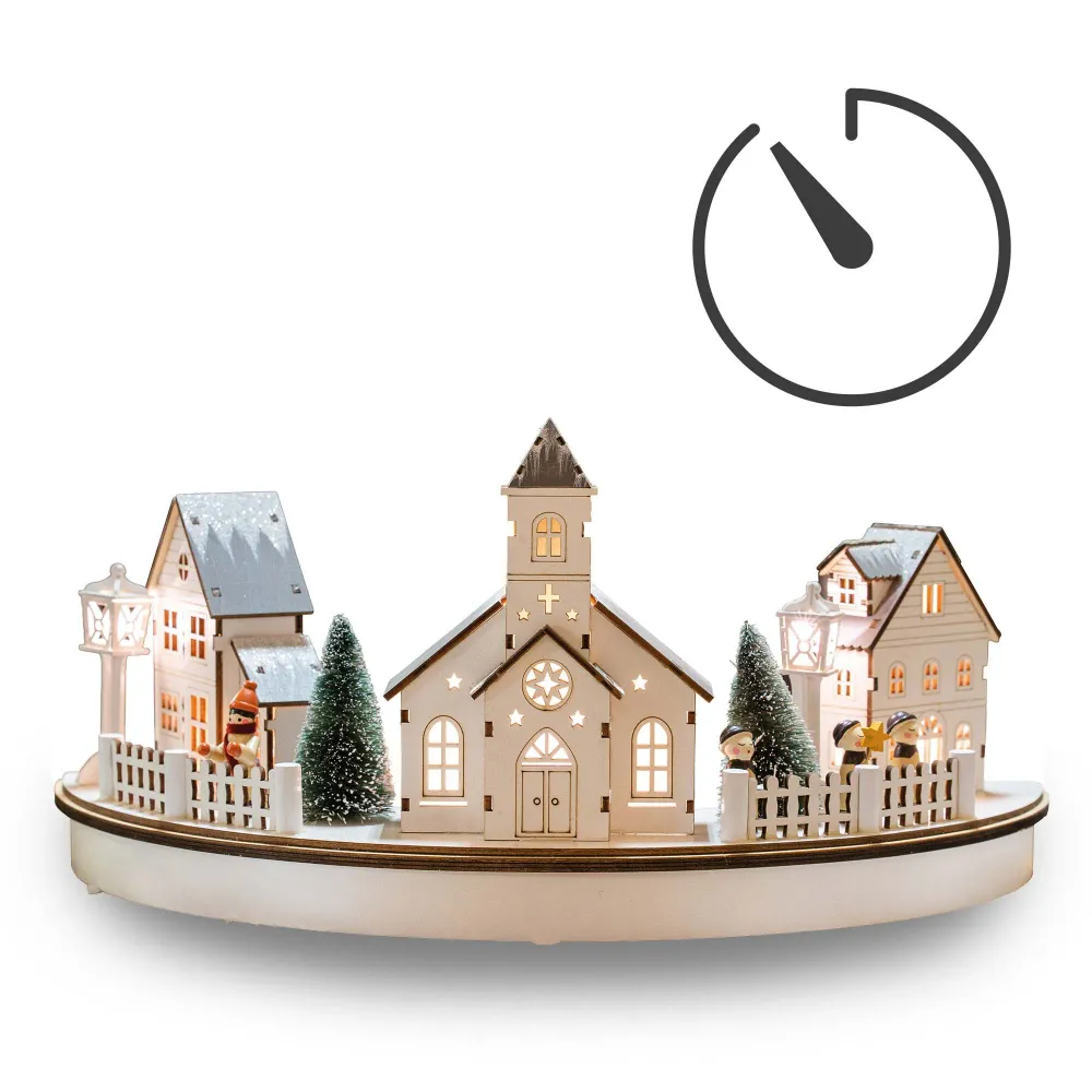 LED- Holz Stadt-Szenerie im Halbkreis, mit Kirche, 8 LEDs ww,39x8x18,5cm, 6h Timer, batteriebetrieben