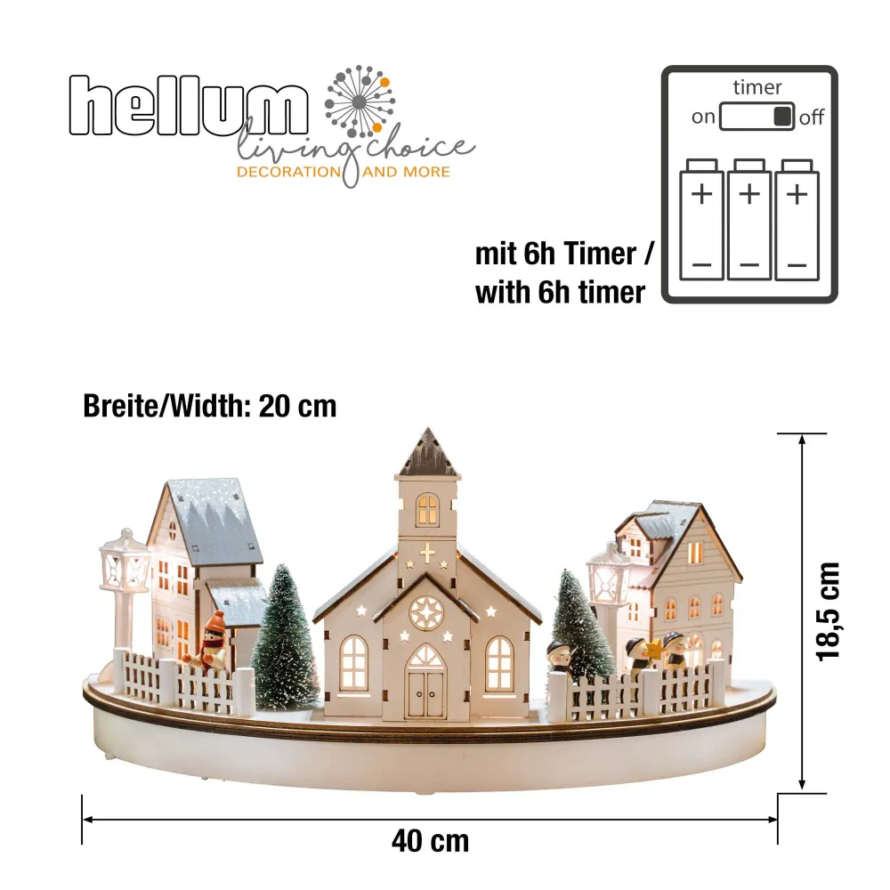 LED- Holz Stadt-Szenerie im Halbkreis, mit Kirche, 8 LEDs ww,39x8x18,5cm, 6h Timer, batteriebetrieben