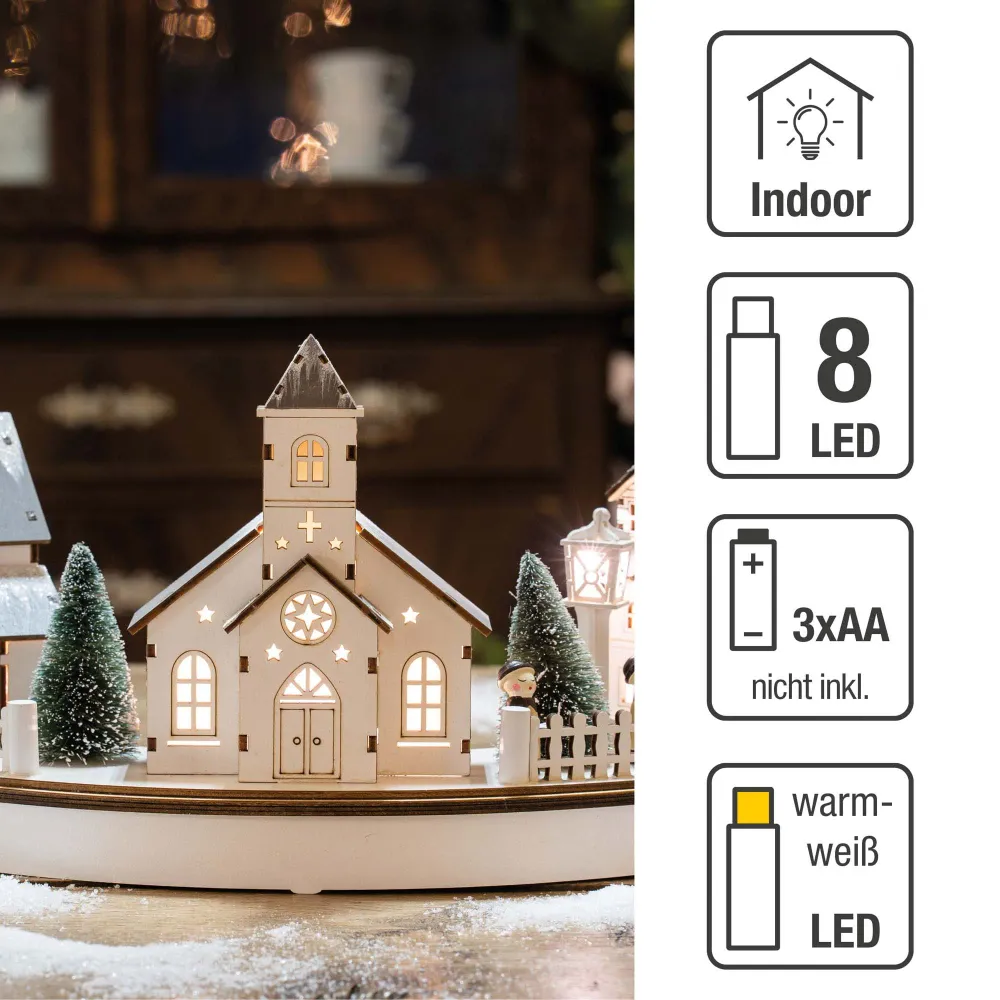 LED- Holz Stadt-Szenerie im Halbkreis, mit Kirche, 8 LEDs ww,39x8x18,5cm, 6h Timer, batteriebetrieben