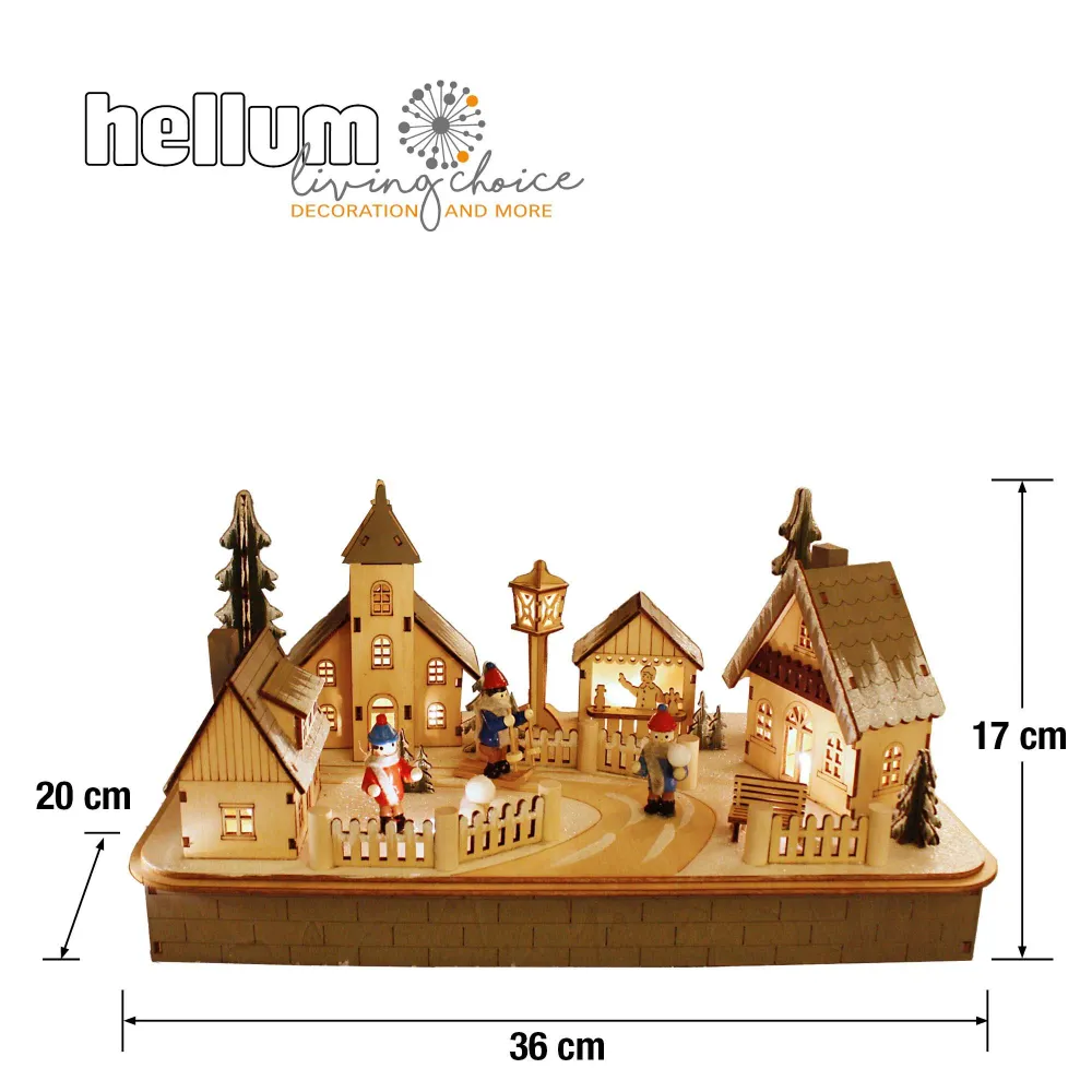 LED-Holzleuchter „Winterliches Dorfleben mit Kirche“, mit 6h-Timer, batteriebetrieben