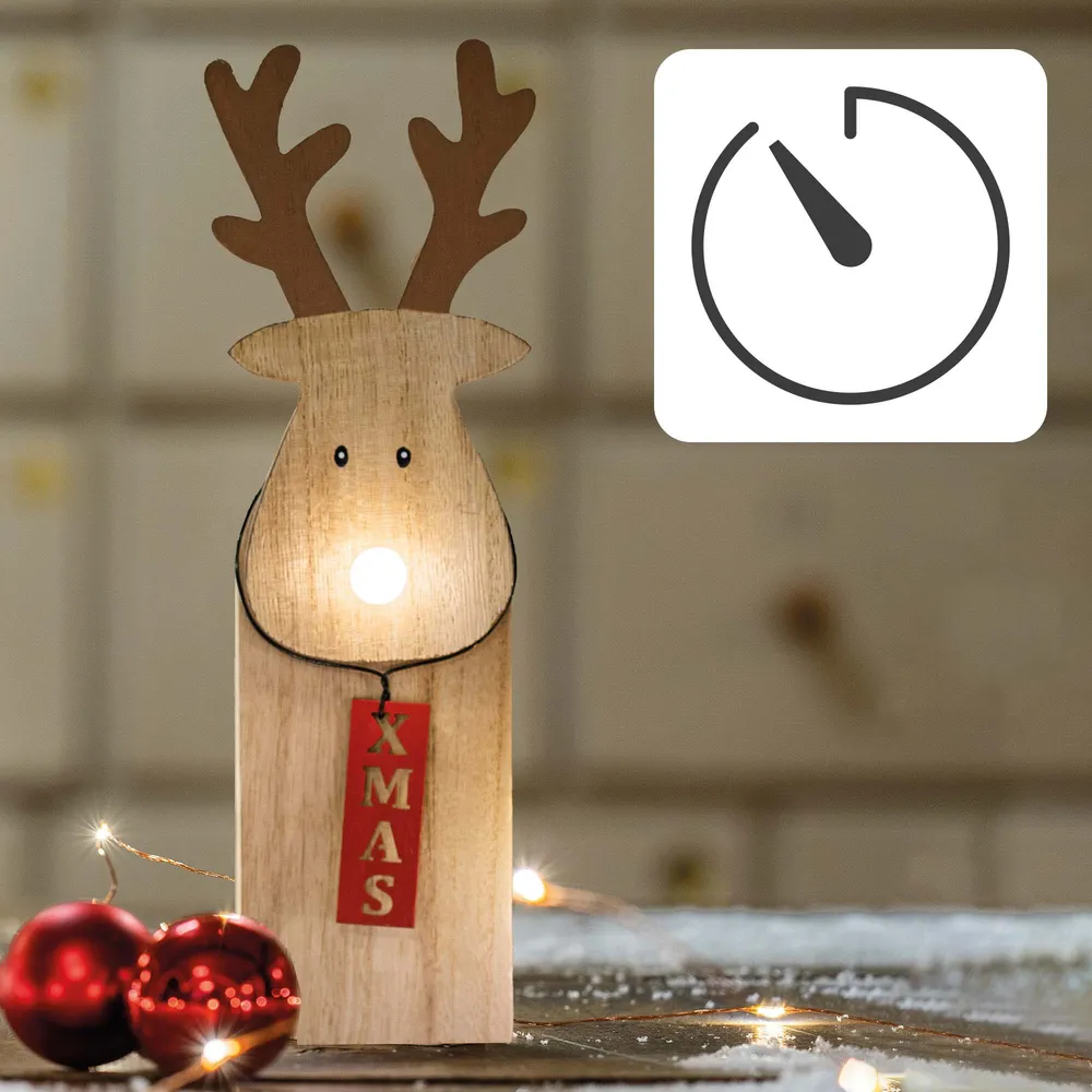 LED-Holz-Rentier mit leuchtender Nase, 1 LED ww, mit 6 h Timer, batteriebetrieben