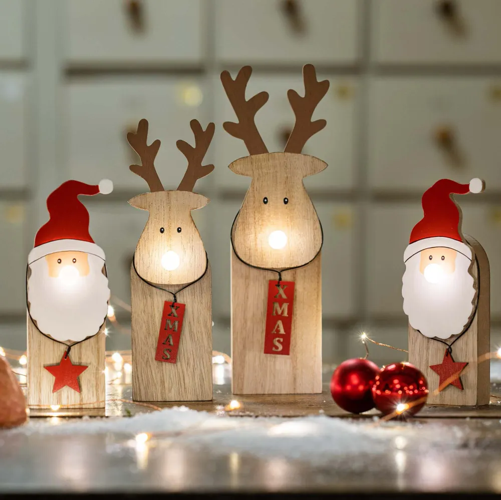 LED-Holz-Weihnachtsmann mit leuchtender Nase, 1 LED ww, mit 6 h Timer, batteriebetrieben