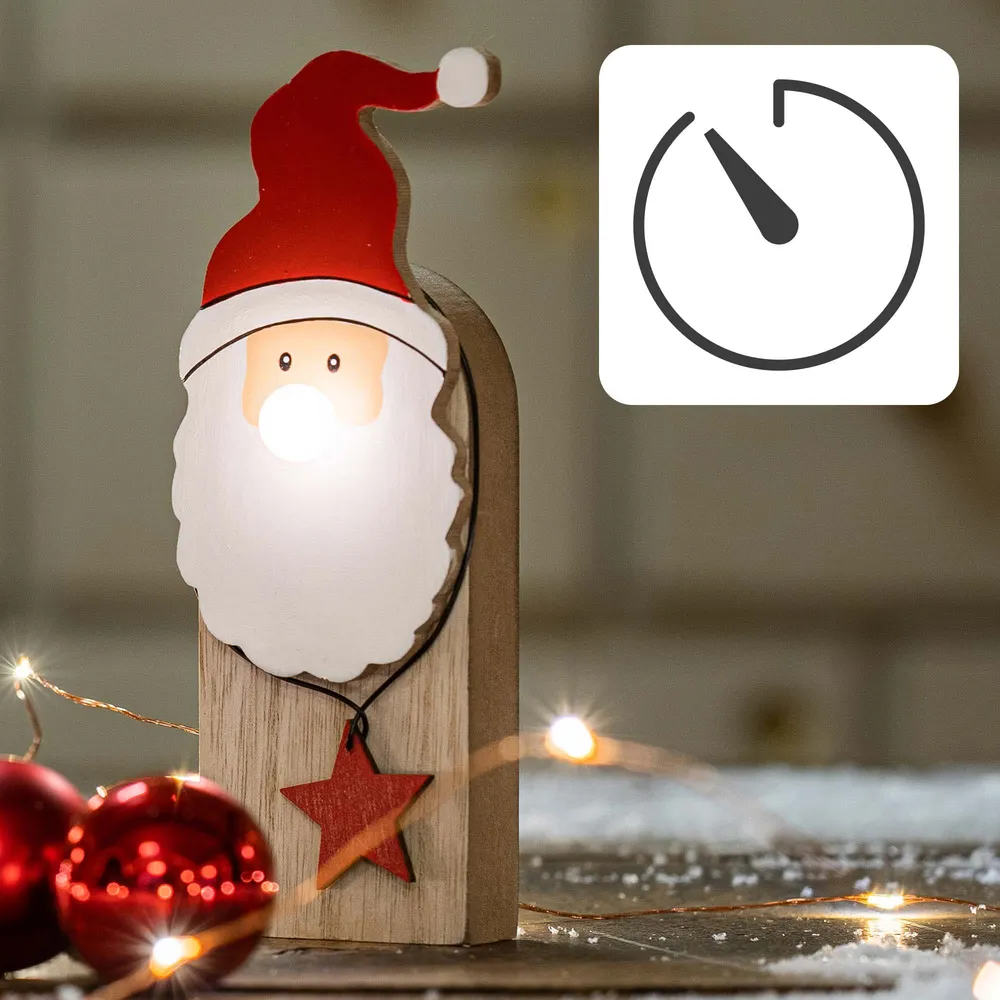 LED-Holz-Weihnachtsmann mit leuchtender Nase, 1 LED ww, mit 6 h Timer, batteriebetrieben