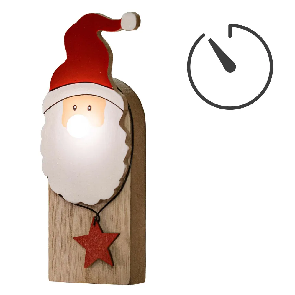 LED-Holz-Weihnachtsmann mit leuchtender Nase, 1 LED ww, mit 6 h Timer, batteriebetrieben