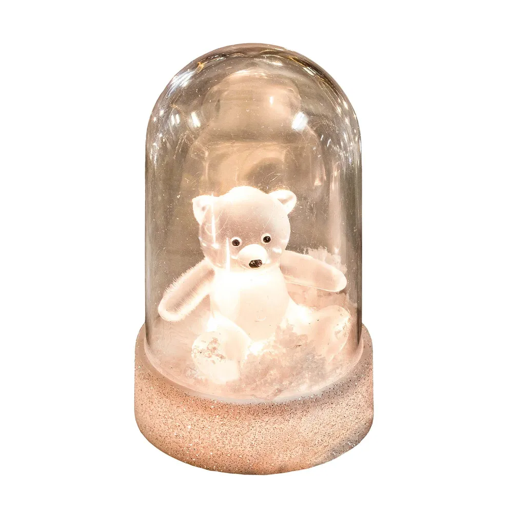 LED-Kuppel auf weißem Sockel, 1 LED ww, mit Acryl-Teddybär, mit Timer, batteriebetrieben