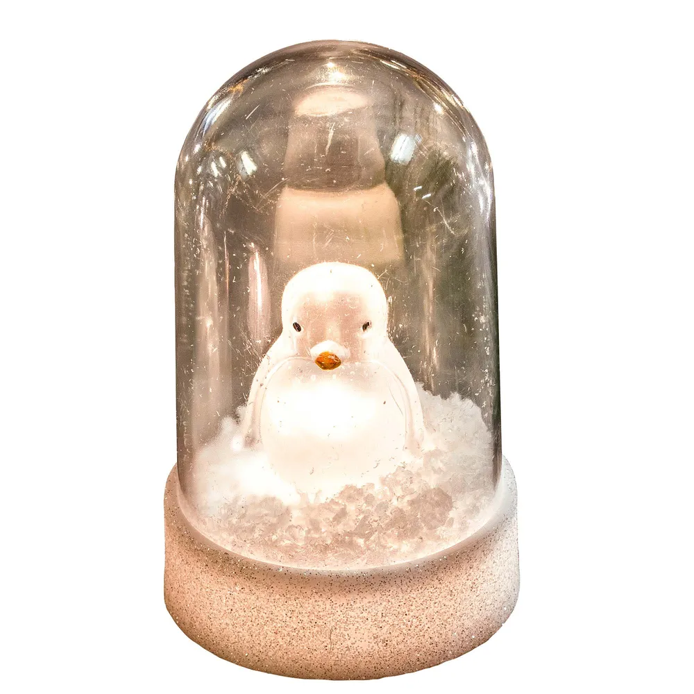 LED-Kuppel auf weißem Sockel, 1 LED ww, mit Acryl-Pinguin, mit Timer, batteriebetrieben