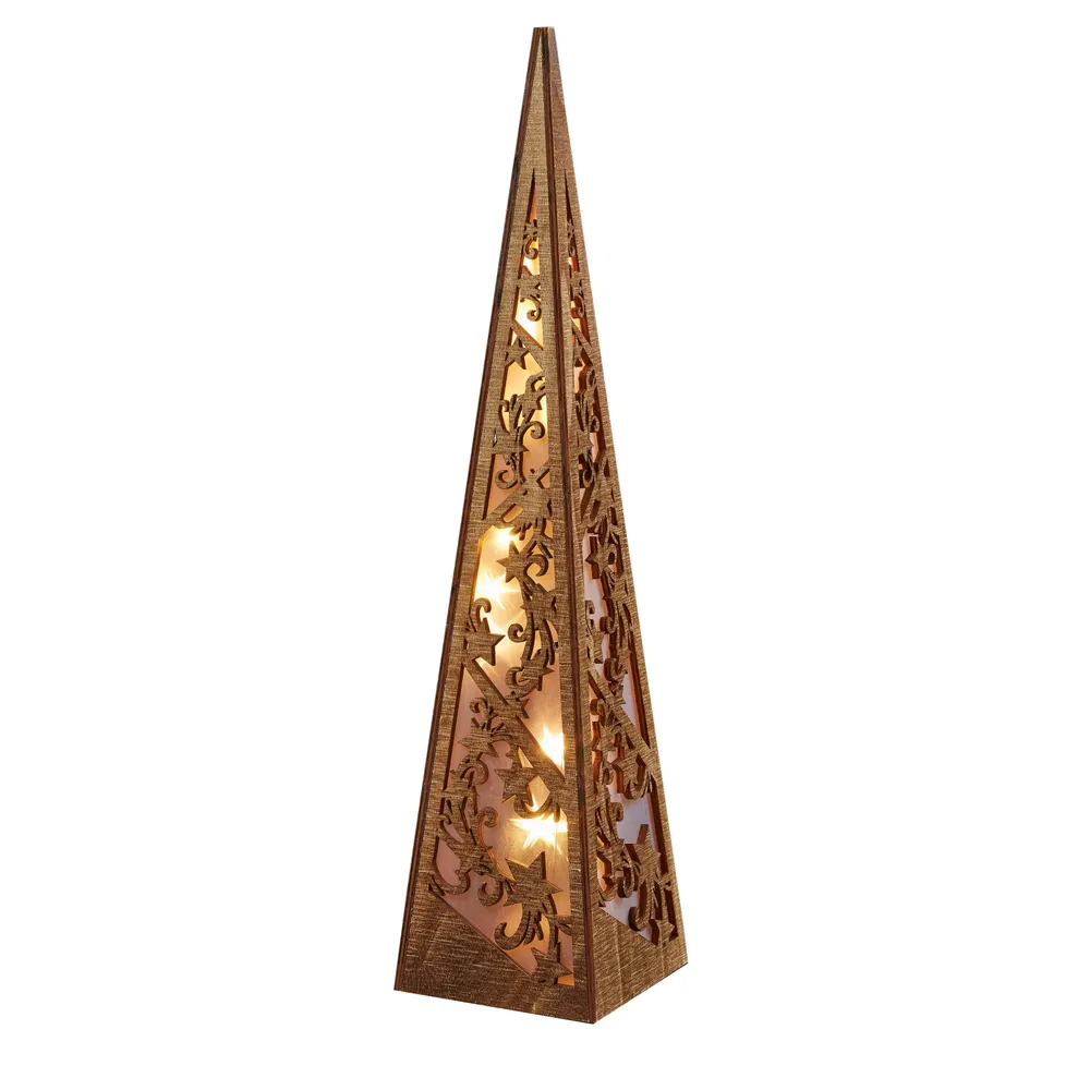 LED-Pyramide aus Holz, natur H: 57cm, 10 LEDs ww, batteriebetrieben mit Timer