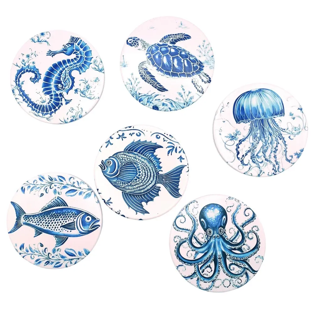 Logbuch-Verlag Keramik-Untersetzer Set 6-TLG. 10,3 cm – runde Blaue Meeresmotive: Oktopus, Fisch, Qualle u.?. – Maritime U...