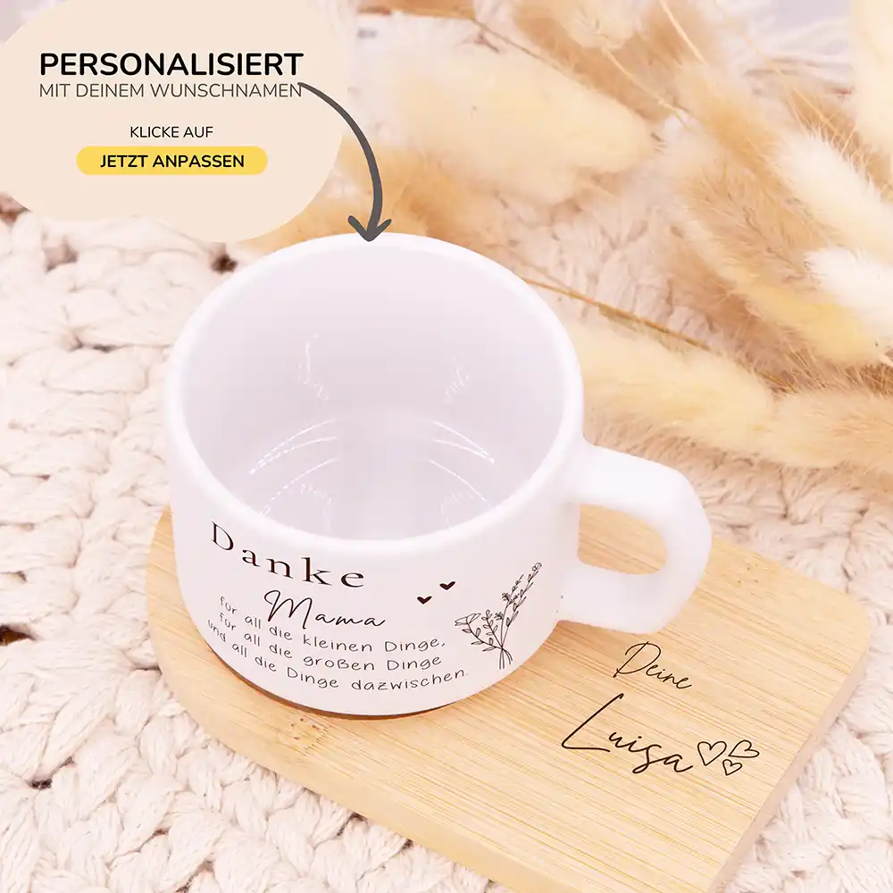 Muttertagsgeschenk Keramikbecher mit Untersetzer – Danke Mama mit Wildblumenstrauß