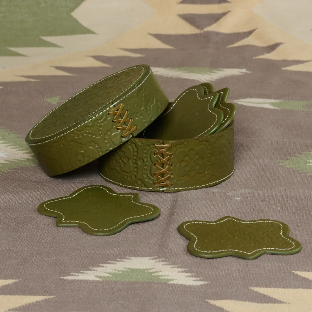 Untersetzer Set ICON aus Leder geprägt - olive