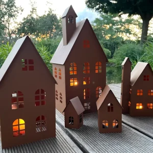LB H&F 5er Set Häuser Gartendeko Lichthäuser AUFSTELLER Haus Dekoration Dekofigur Herbst Winter Metall Rost Lichthaus