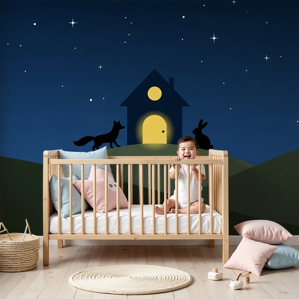 Babyzimmer Tapete | Nachtliches Haus mit Tieren unter den Sternen