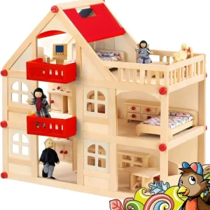 B-Ware Izzy Holzpuppenhaus Spielhaus Puppenhaus Für Puppen Haus 4 Puppen Tragegriff