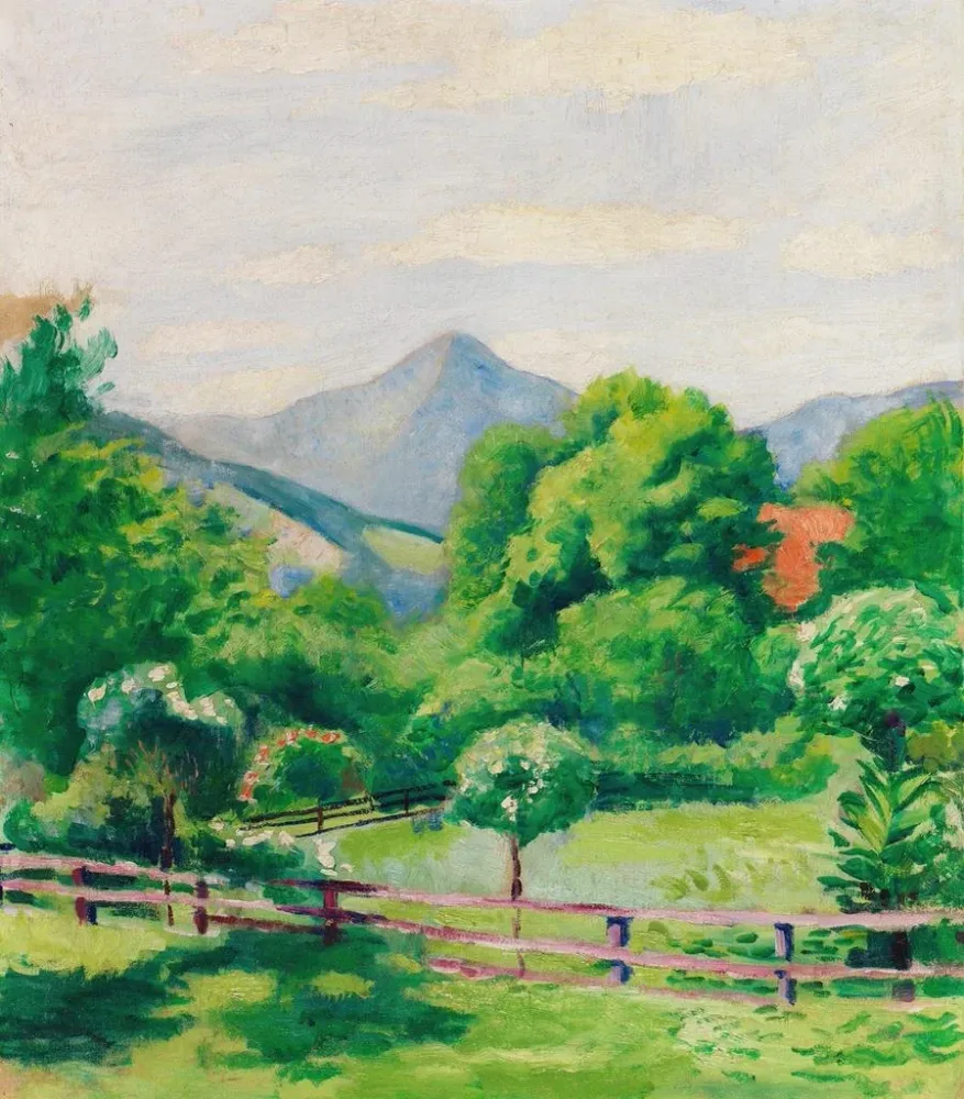 Gemälde Garten am Tegernsee mit Haus und Berg - August Macke | Kunstdruck