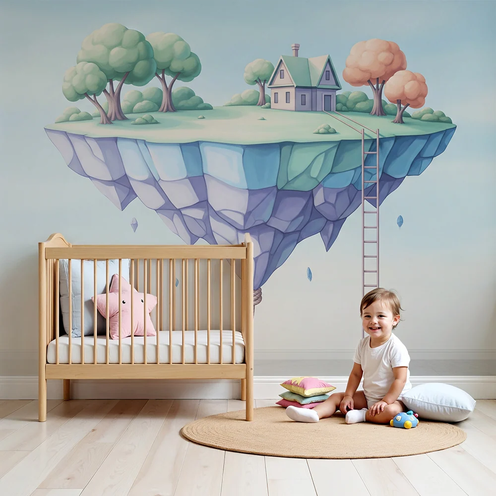 Kinderzimmer Tapete | Schwimmendes Haus auf einer Wolke mit bunten Bäumen