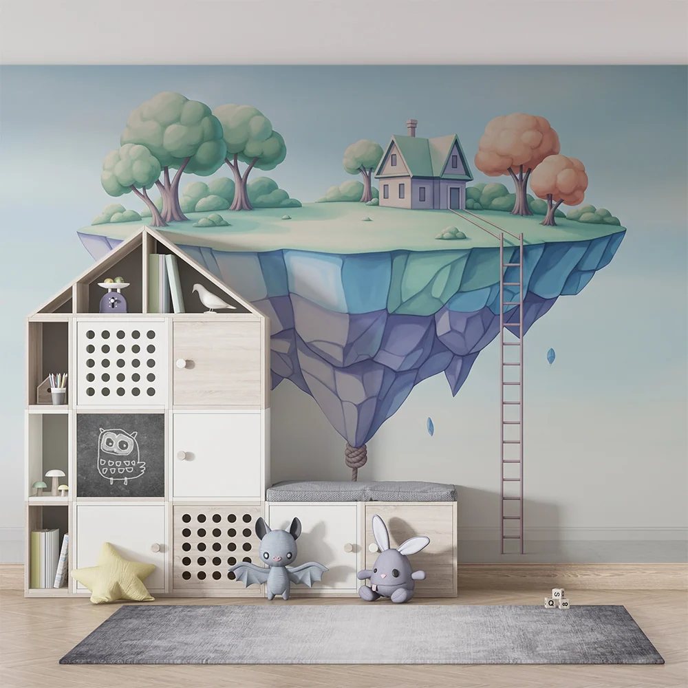 Kinderzimmer Tapete | Schwimmendes Haus auf einer Wolke mit bunten Bäumen