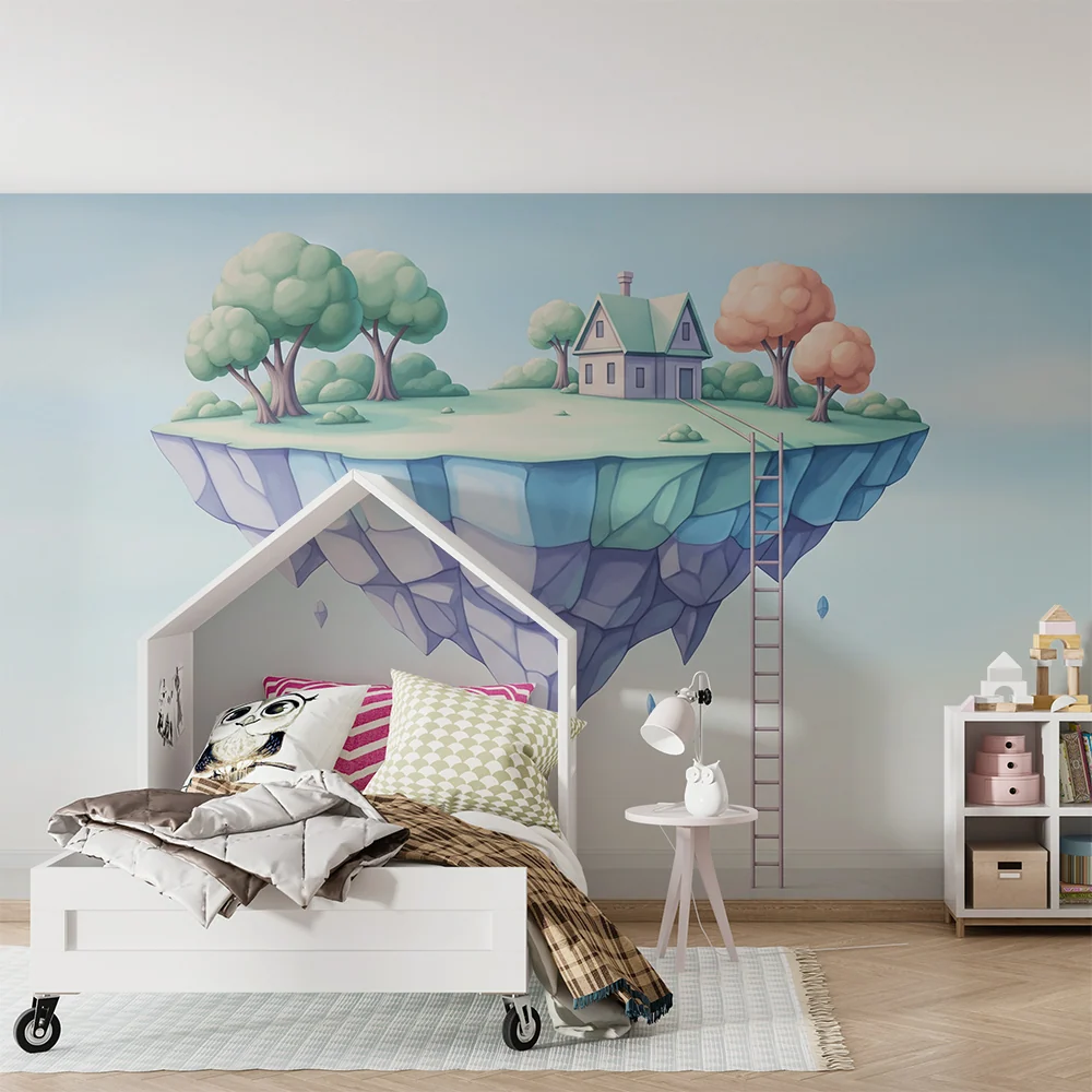 Kinderzimmer Tapete | Schwimmendes Haus auf einer Wolke mit bunten Bäumen