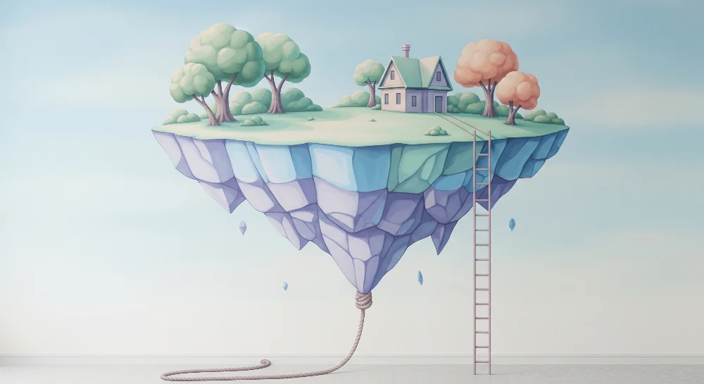 Kinderzimmer Tapete | Schwimmendes Haus auf einer Wolke mit bunten Bäumen