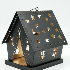 Laterne Haus mit Sternen und Mond schwarz / goldfarben 14x13x17 cm