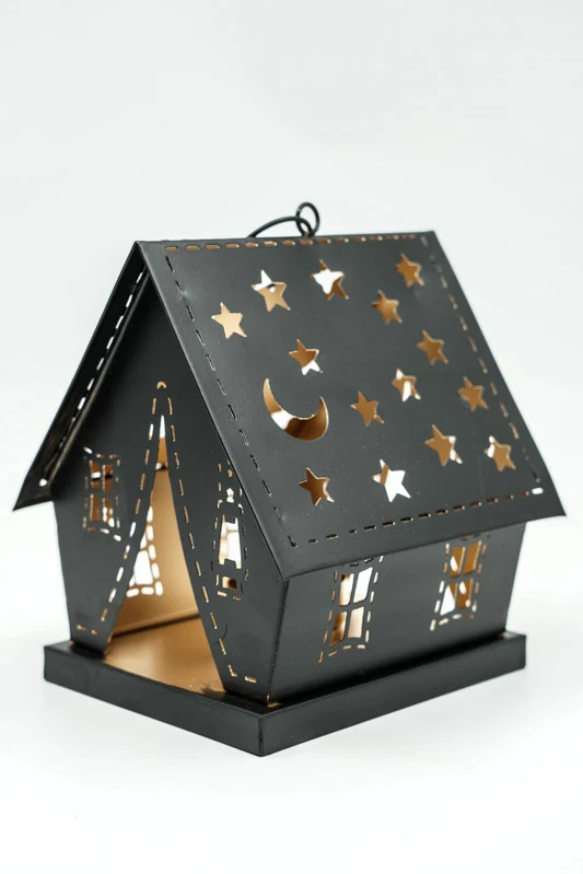 Laterne Haus mit Sternen und Mond schwarz / goldfarben 14x13x17 cm