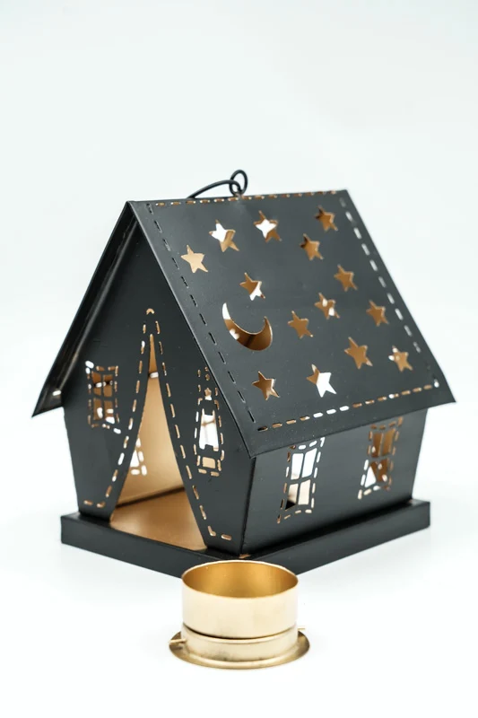 Laterne Haus mit Sternen und Mond schwarz / goldfarben 14x13x17 cm