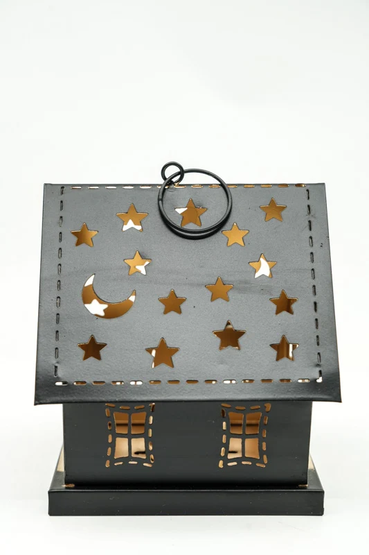 Laterne Haus mit Sternen und Mond schwarz / goldfarben 14x13x17 cm
