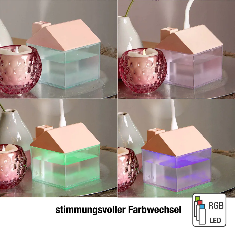 Mini Luftbefeuchter Haus Rosa mit RGB-Farbwechsel (250 ml) 8,4 x 9,5 cm