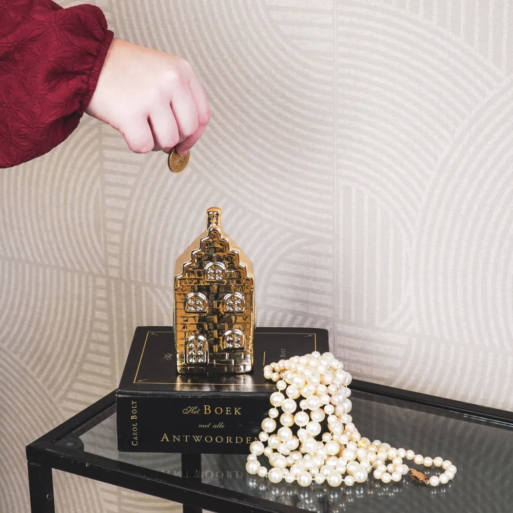 Ornament - Spardose - Haus - Keramik - Gold - 7x7x13cm