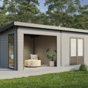 Wolff Finnhaus WPC-Haus Tona 6030 Hellgrau mit Wandpaket