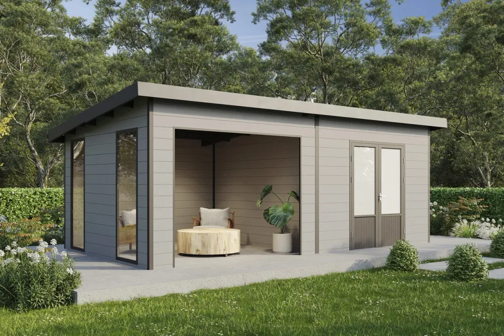 Wolff Finnhaus WPC-Haus Tona 6030 Hellgrau mit Wandpaket