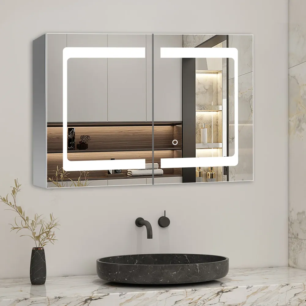 LED Spiegelschrank 80x60cm mit Wand/Touchschalter,Beschlagfrei,3 Lichtfarbe 2700-6500K Dimmbar und Rasier steckdose,Alumin...