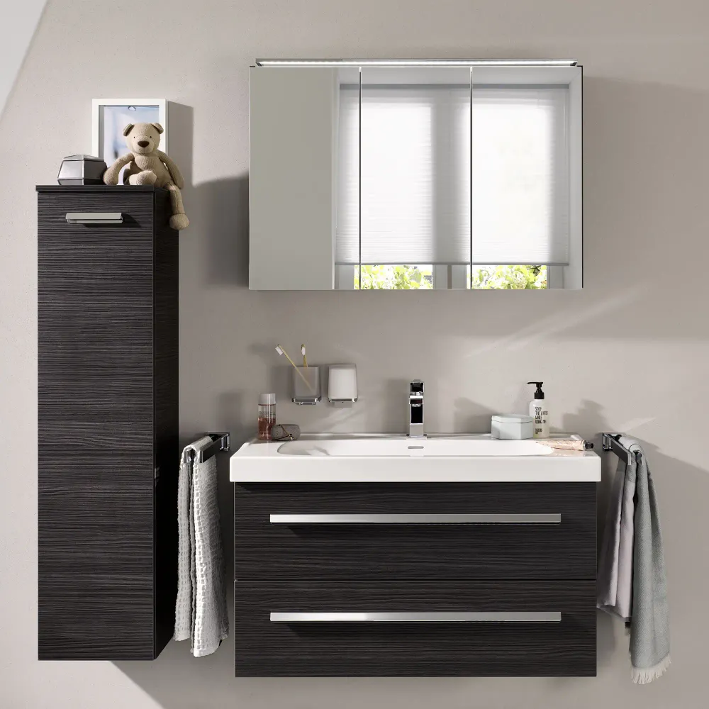 Spiegelschrank L5 | 100 cm mit dimmbarer Leuchte und 3 Türen, Dark Oak