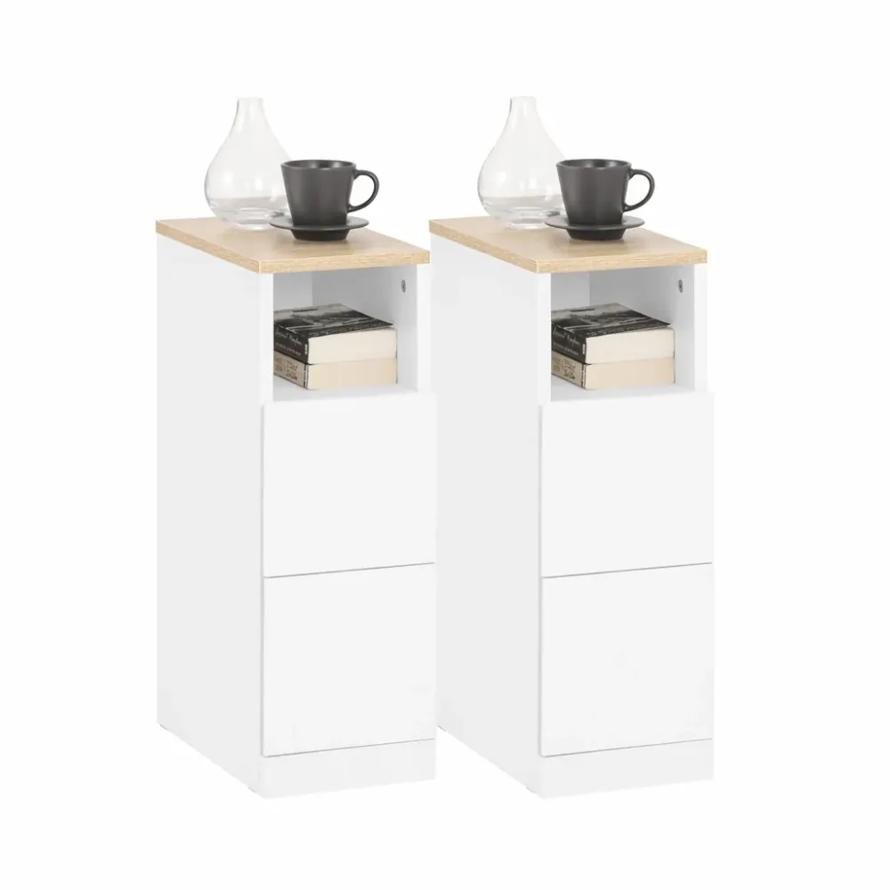 Vorverkauf | SoBuy | Nachttisch schmal 2er Set | Beistelltisch | mit 2 Schubladen Weiß | 20cm | FBT149-WNx2