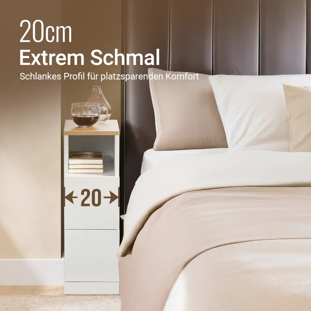 Vorverkauf | SoBuy | Nachttisch schmal 2er Set | Beistelltisch | mit 2 Schubladen Weiß | 20cm | FBT149-WNx2