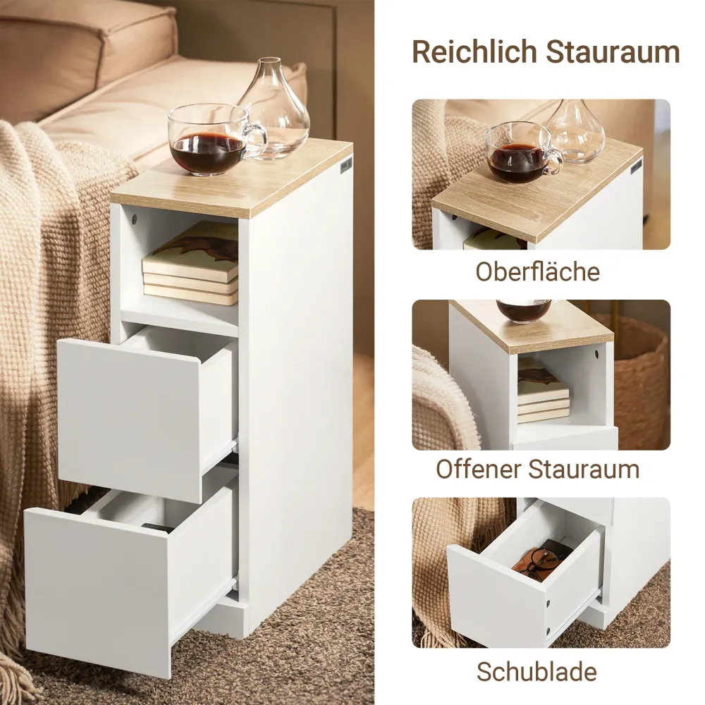 Vorverkauf | SoBuy | Nachttisch schmal 2er Set | Beistelltisch | mit 2 Schubladen Weiß | 20cm | FBT149-WNx2