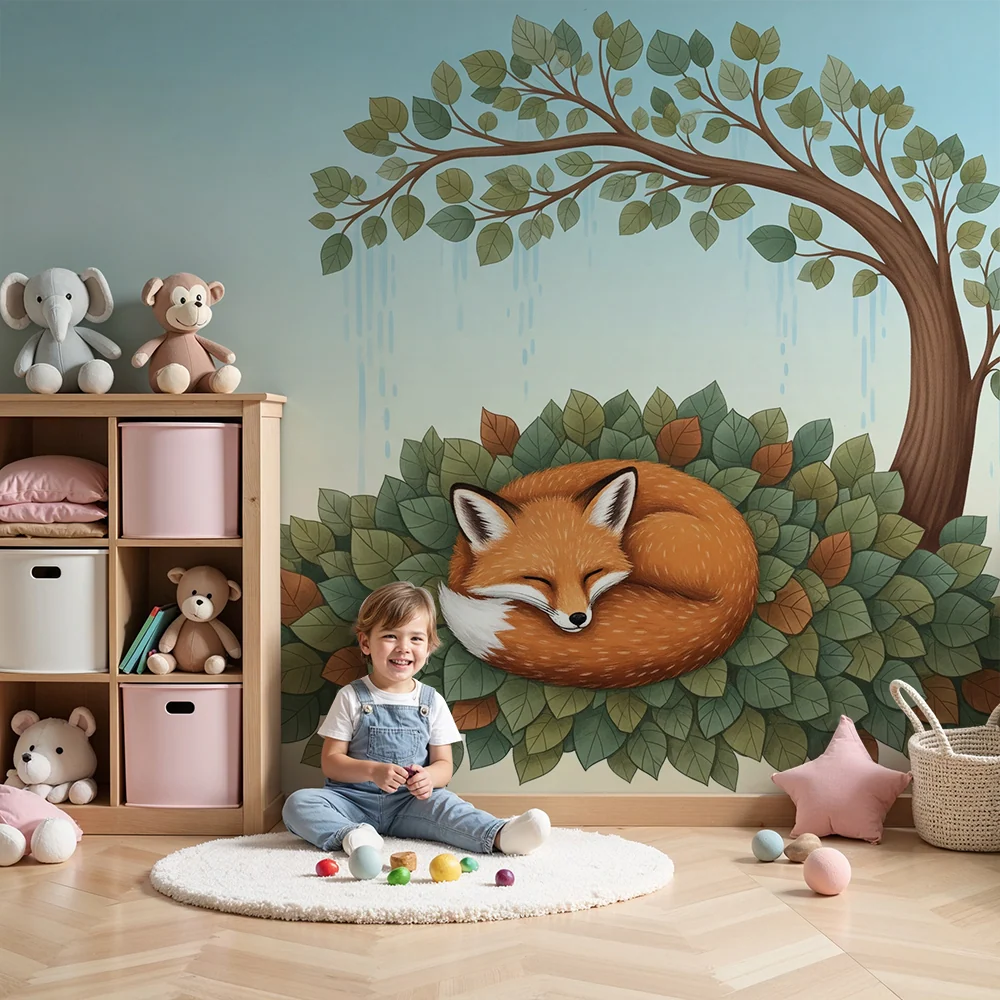 Kinderzimmer Tapete | Schlafender Fuchs auf einem Bett aus Blättern unter einem Baum
