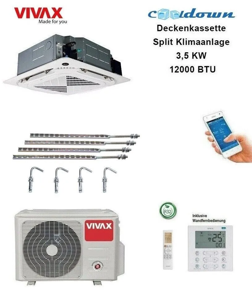 VIVAX Deckenkassette 3,52 KW 12000 BTU 4-Wege Decke Split Klimaanlage ++ R32