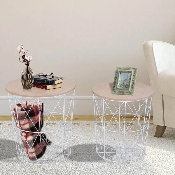2er Set Couchtisch Nachttisch MDF + Metall natur + weiss