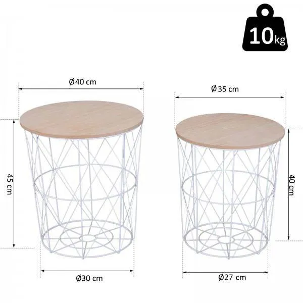 2er Set Couchtisch Nachttisch MDF + Metall natur + weiss